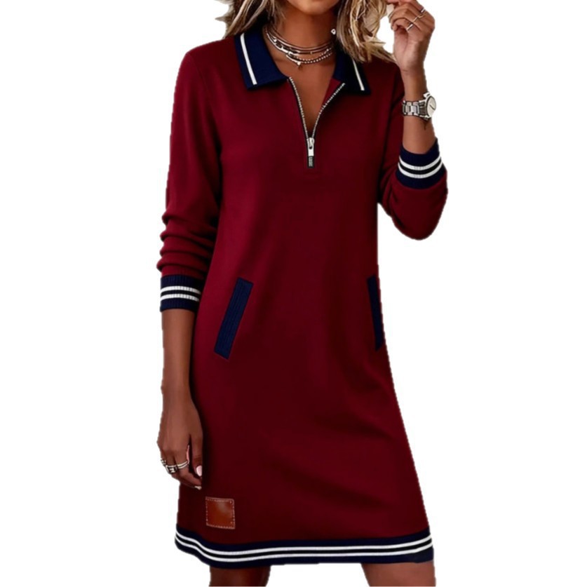 Casual Sports Dress Fashion Lapel Zipper Pockets Long Sleeve Dresses For Women Clothing