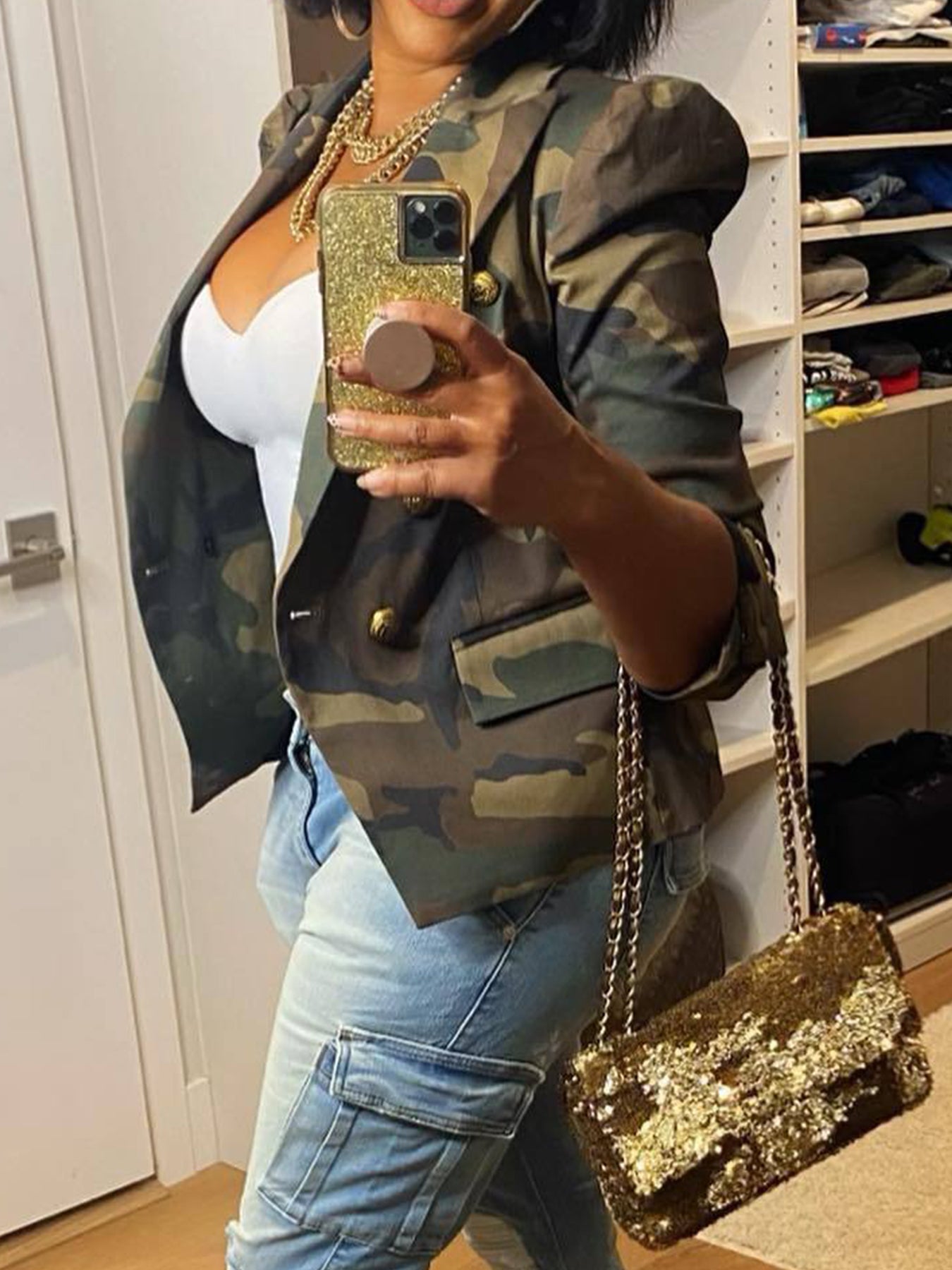 Elegant Women's Camo Print Jacket - Chic Double-Breasted, Long Sleeve Outerwear With Flap Pockets, Polyester, Perfect For Spring-Fall, Cute Jacket Amazon Does Not Sell