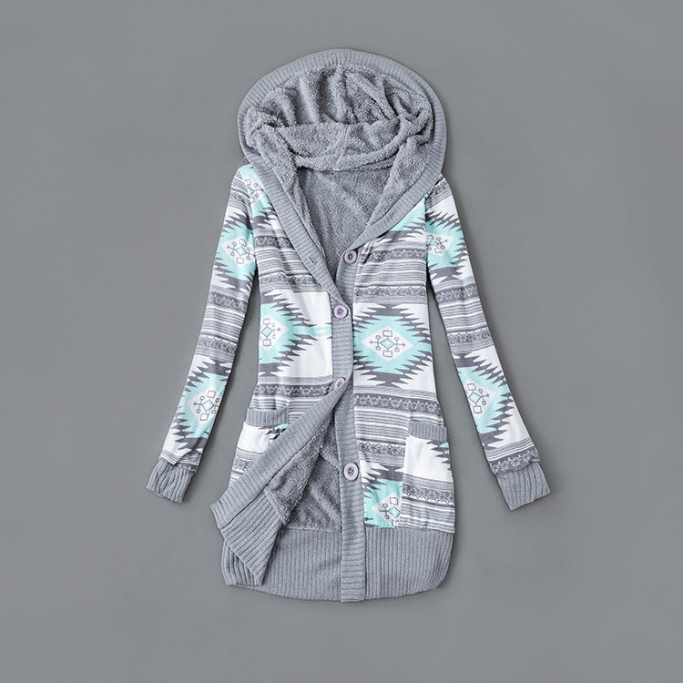 Autumn And Winter Jacket Printed Hooded Wool Liner Knit Midi Length
