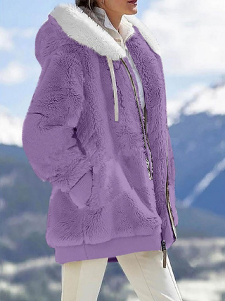 Fall And Winter Loose Plush Long Sleeves With Zippered Pockets And Hooded Warm Jacket