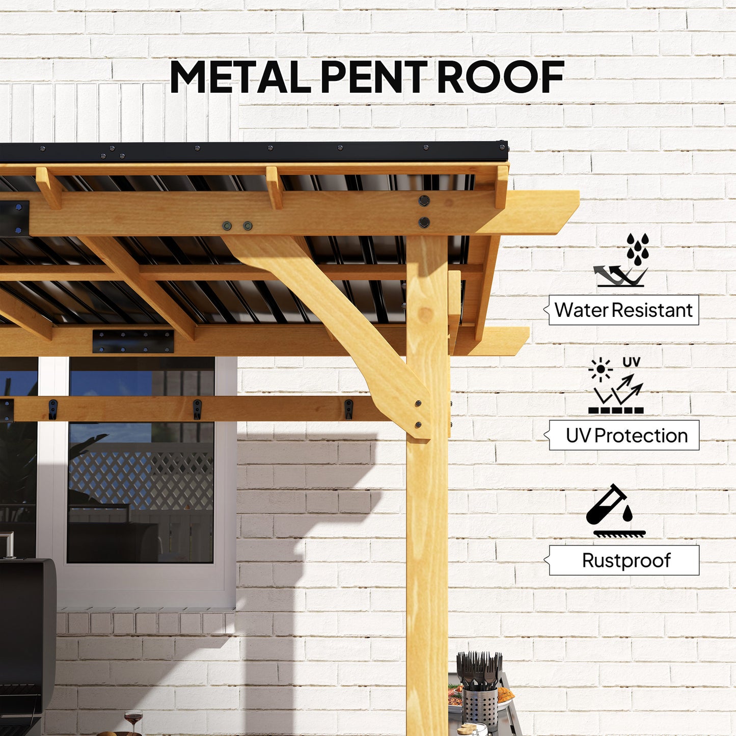13 X 6 Wooden BBQ Grill Gazebo, Outdoor Hardtop Grill Gazebo With Metal Roof, 2 Bar Shelves And 6 Hooks, Natural