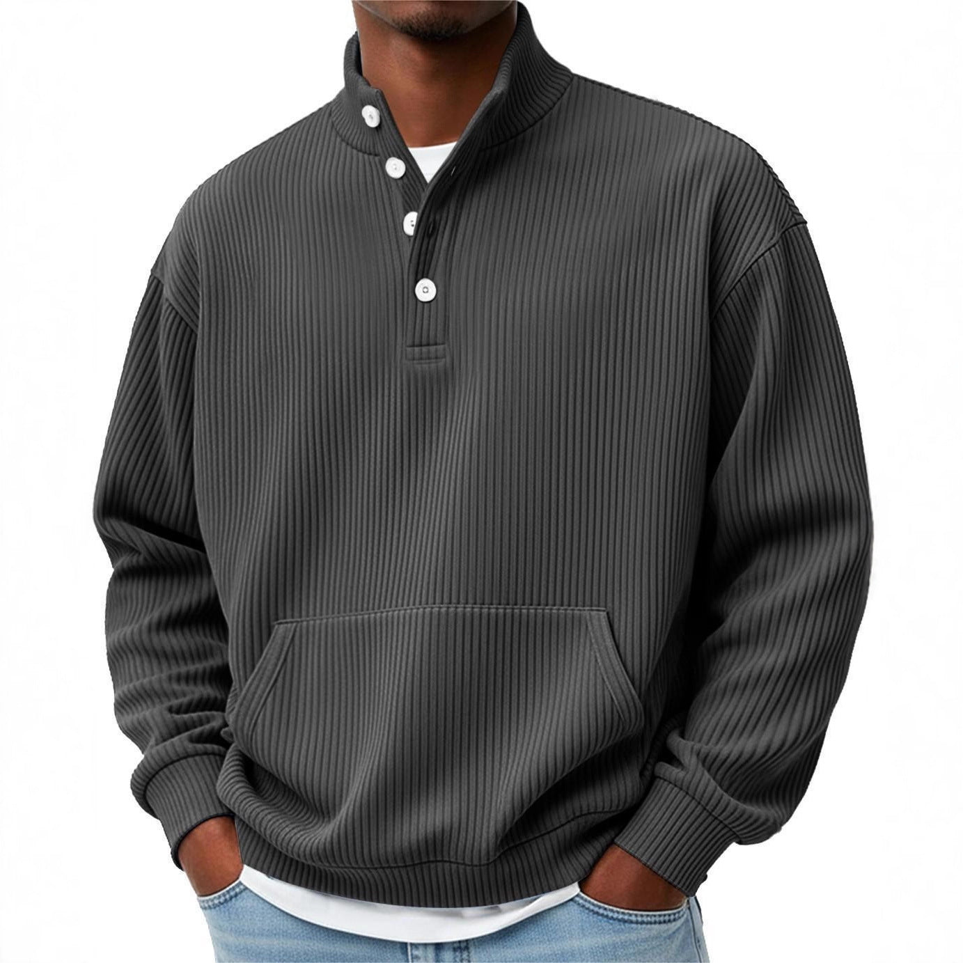 Mens Solid-Color Turtleneck Casual Long-Sleeve Polo Sweatshirt With Pockets For Men Spring Autumn Clothing Loose Button Polo Collar Tees Tops Man Outwear