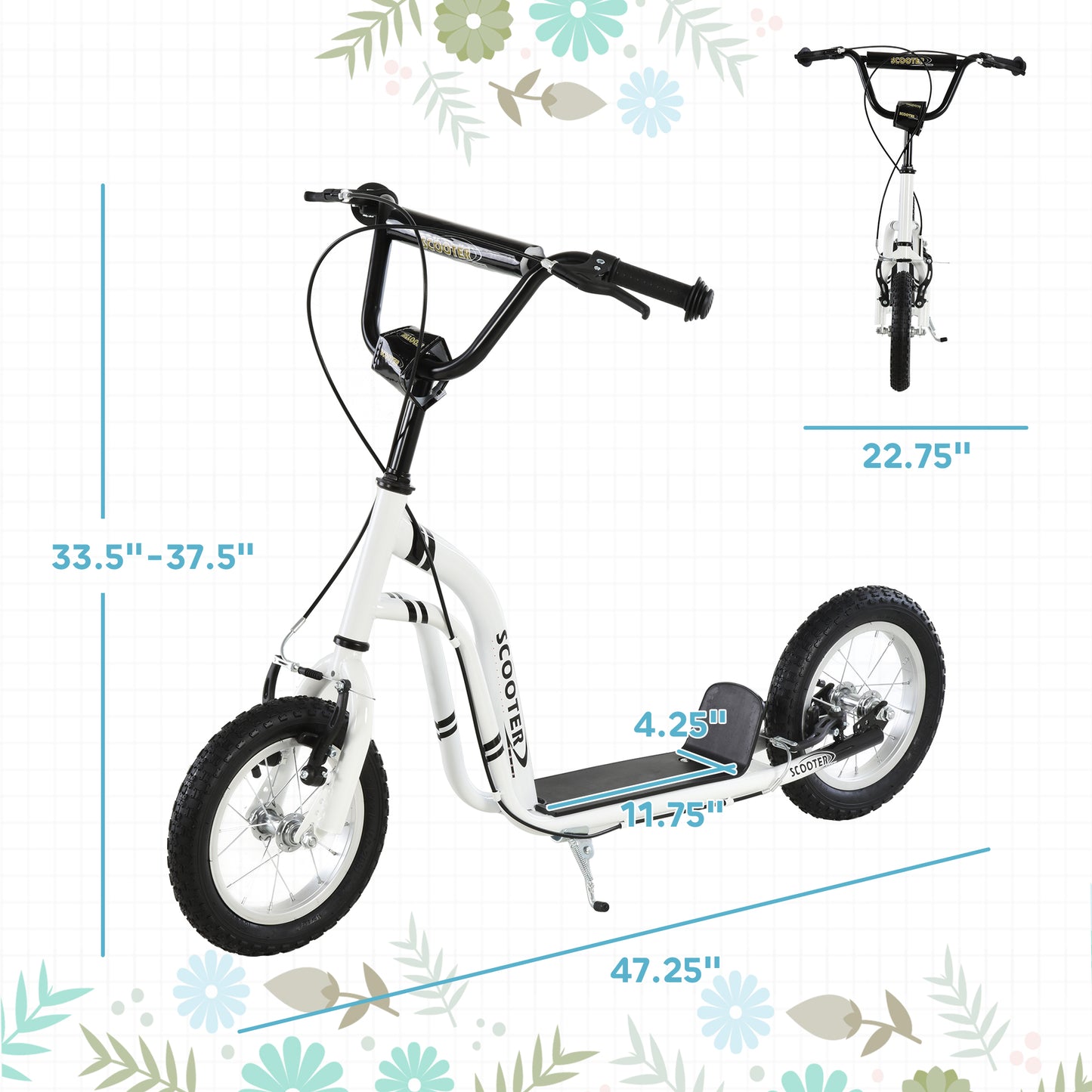Youth Scooter Front And Rear Caliper Dual Brakes 12-Inch Inflatable Front Wheel Ride On Toy For Age 5+ - White