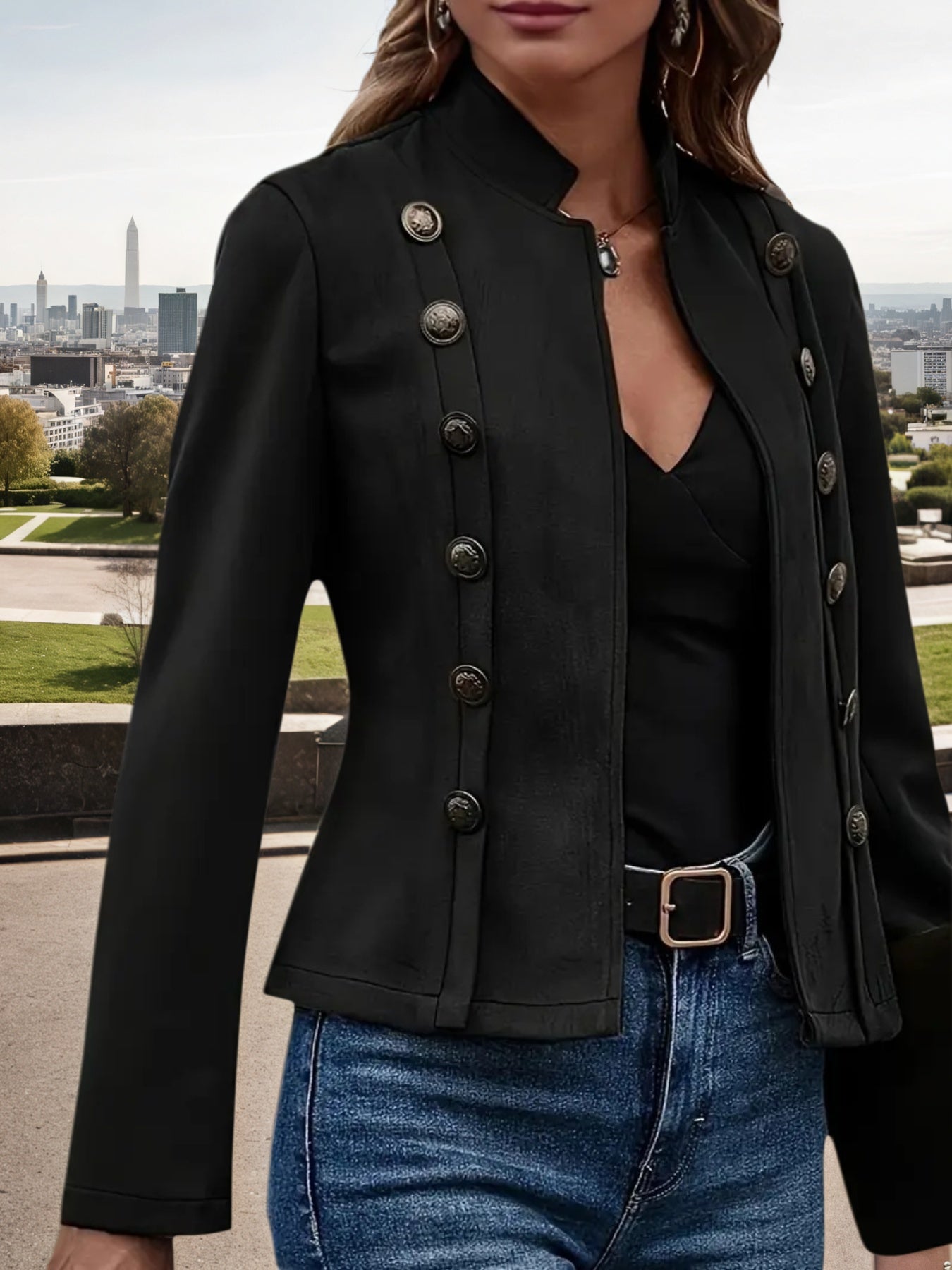 2025 New Women's Fashion Casual Women's Jacket, Solid Color Double Breasted Decorative Jacket, Spring And Autumn Retro Long Sleeve Jacket, Women's Clothing