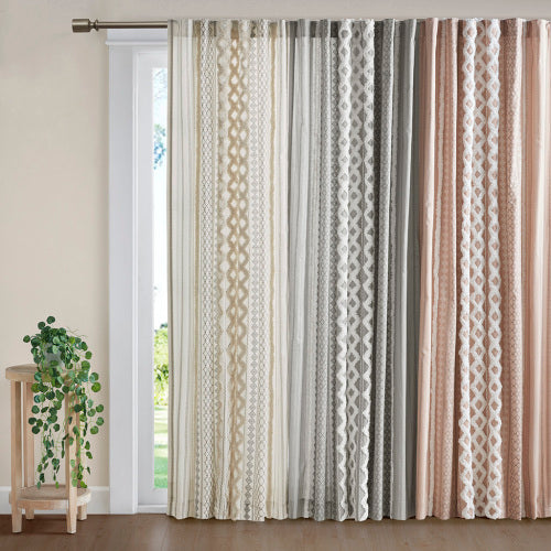 Cotton Printed Curtain Panel With Chenille Stripe And Lining Ivory 50x84