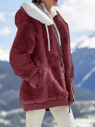 Fall And Winter Loose Plush Long Sleeves With Zippered Pockets And Hooded Warm Jacket