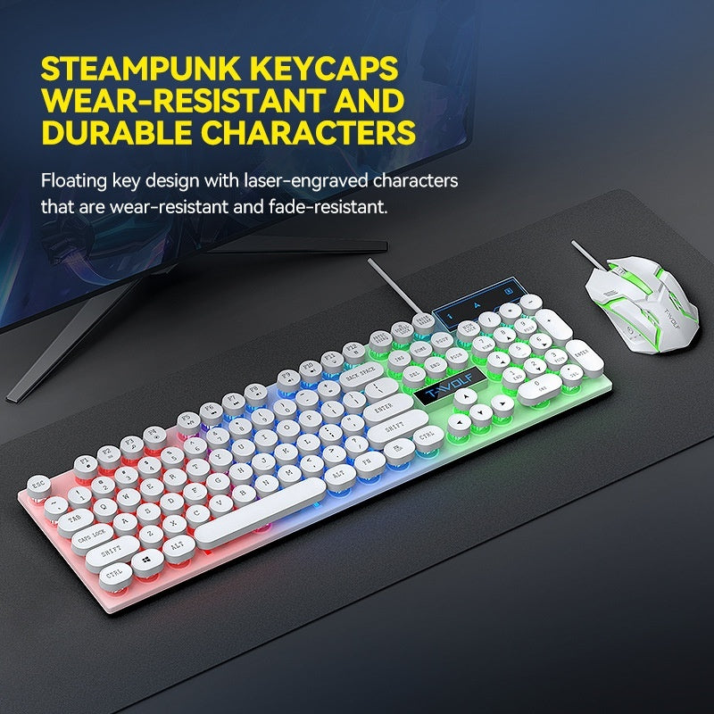 Retro Wired Glowing Mechanical-feel Keyboard And Mouse Gaming Set