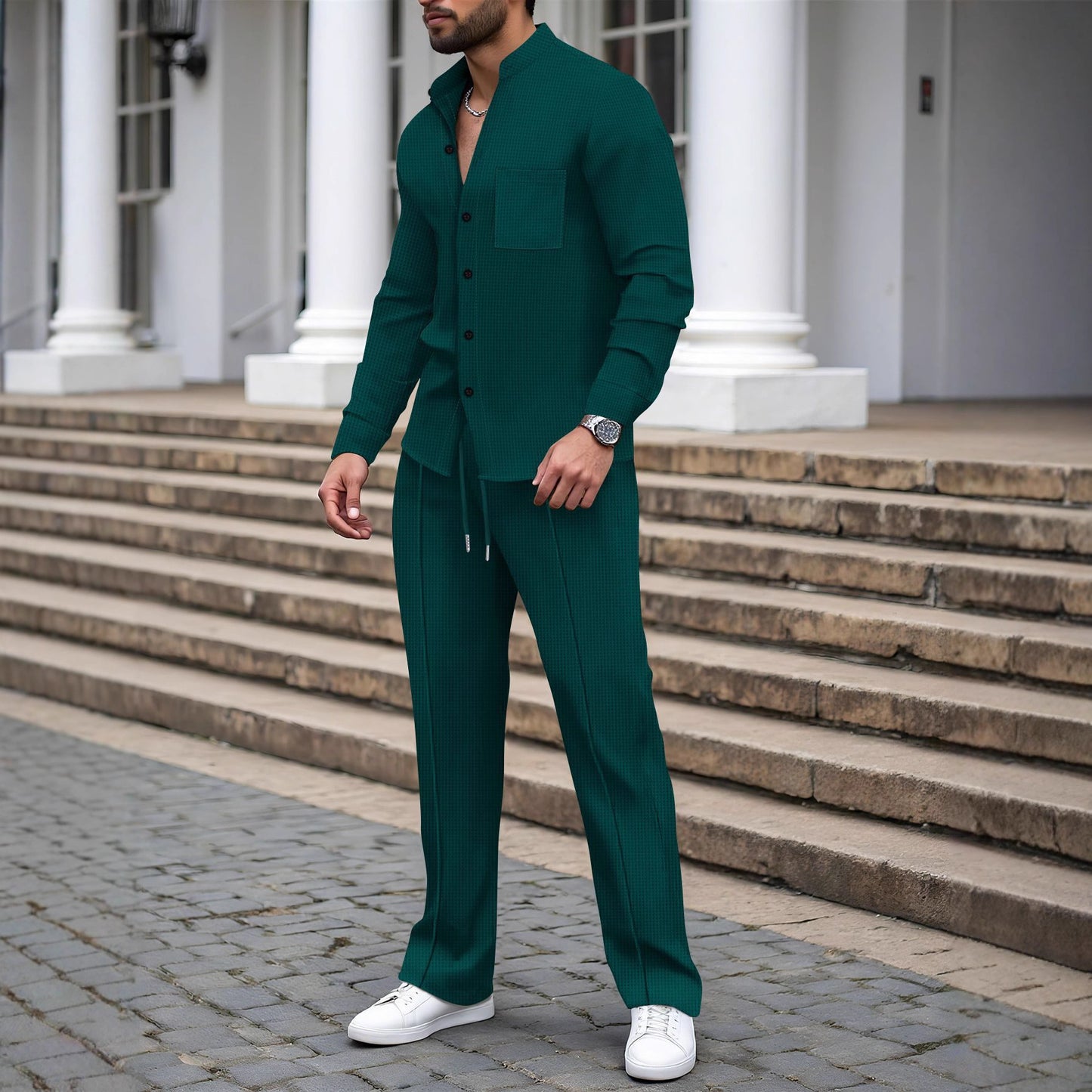 Waffle-textured Solid-color Stand-collar Shirt And Long-sleeve Pants Casual Set