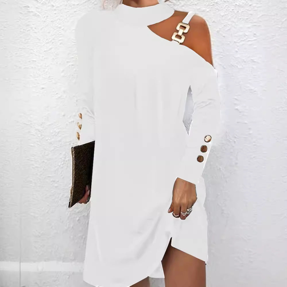 Fashion Women Solid Casual Dress Female Elegant Long Sleeve Metal Buckle Halter Neck Casual Mini Dress