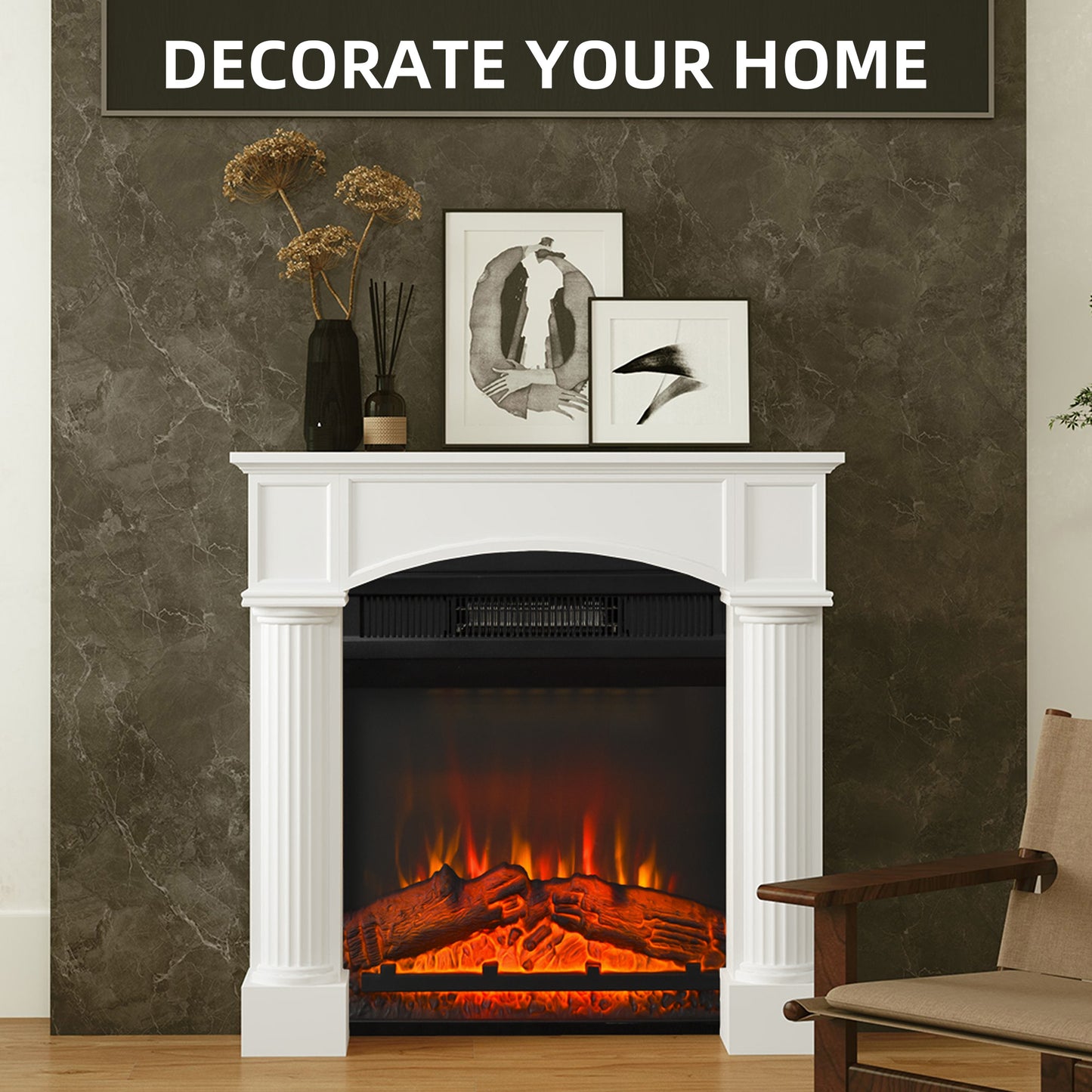 Modern Fireplace Mantel, Freestanding Fireplace Surround For Electric Fireplaces, 43.3 W X 39.8 H, White