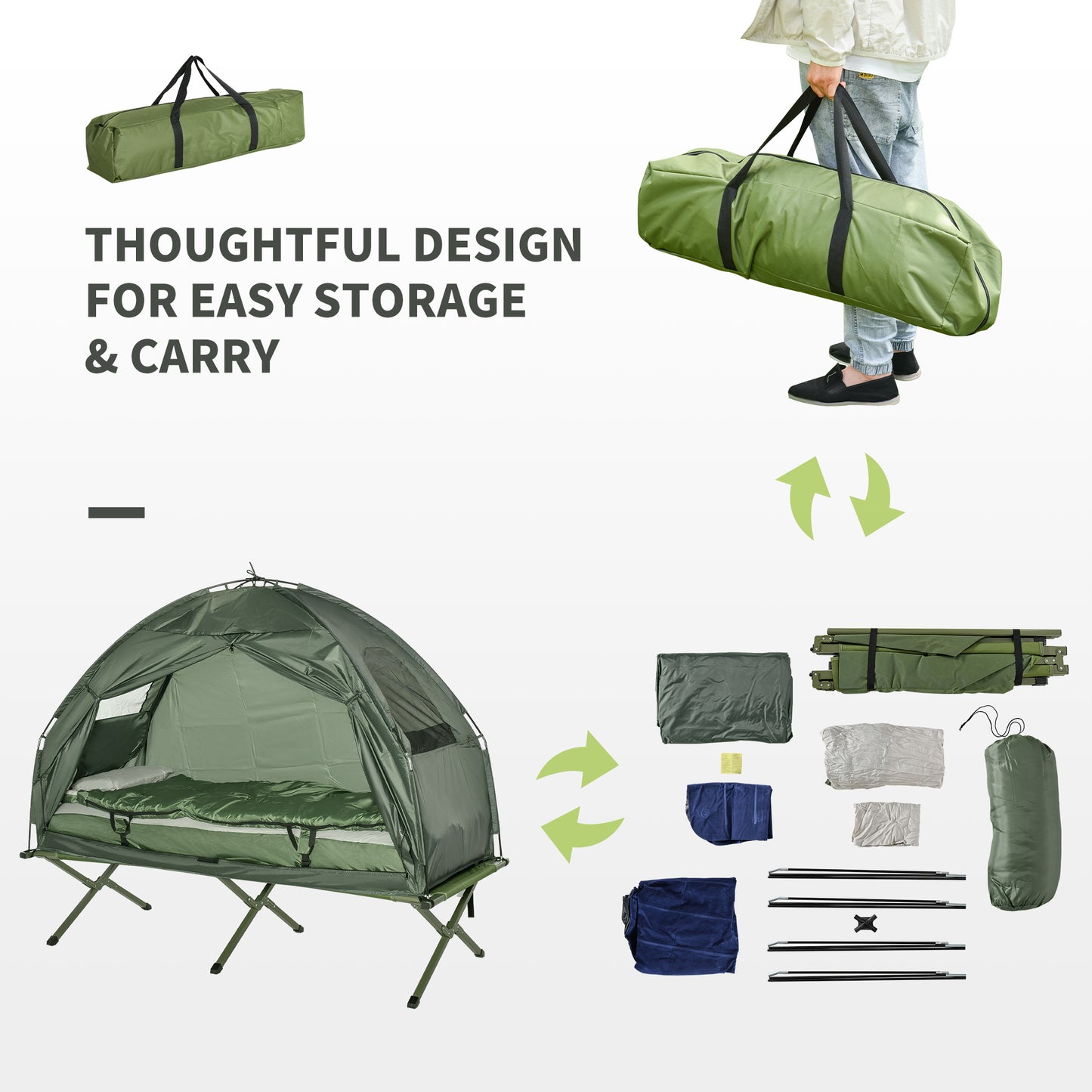 All-in-One Folding Camping Cots For Adults, Elevated Tent With Sleeping Bag, Thick Air Mattress Pad, Portable Single Sleeping Cot Camping Bed