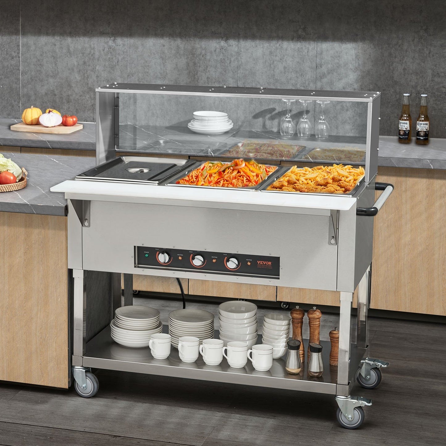 3-Pan Commercial Food Warmer, 3 X 20.6QT Electric Steam Table, 1500W Professional Buffet Catering Food Warmer With Acrylic Sneeze Guard, Food Grade Stainless Steel Server For Party Restaurant