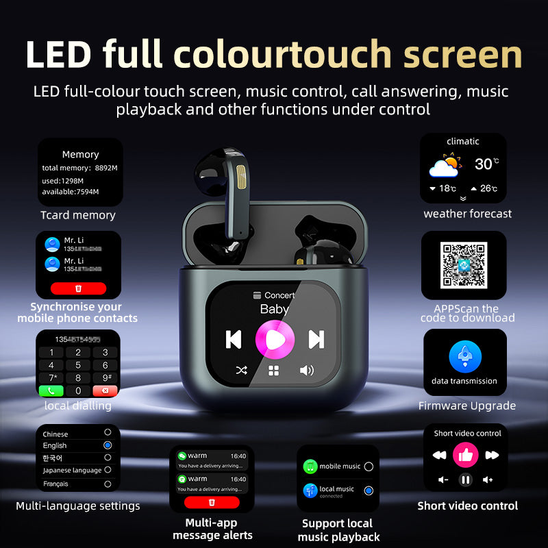 TWS Screen Display Wireless Active ANC Noise-canceling Earbuds, Smart Touch Screen Wireless Earbuds, Noise-canceling Wireless Earphones, Long Battery Life, Built-in SD Card With MP3 Playback