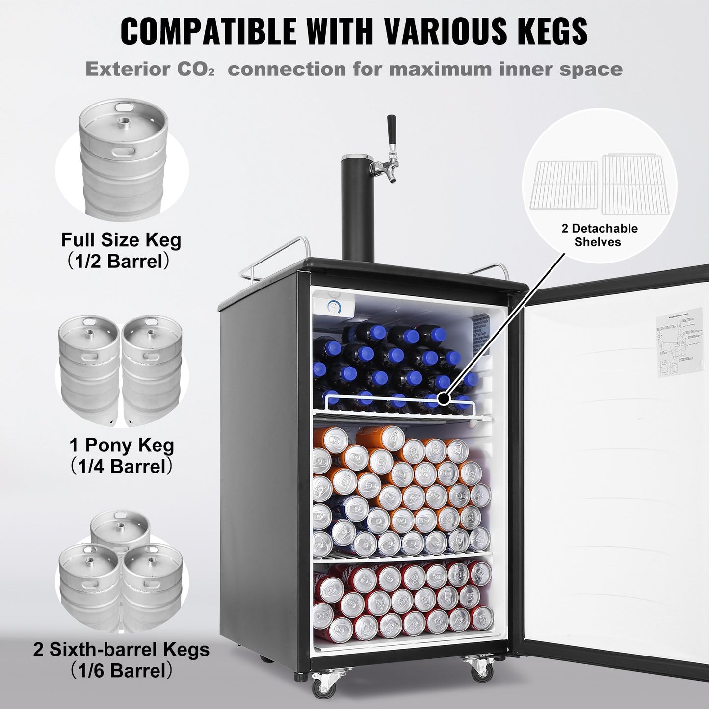 Beer Kegerator, Single Tap Draft Beer Dispenser, Full Size Keg Refrigerator With Shelves, CO2 Cylinder, Drip Tray & Rail, 32°F- 50°F Temperature Control, Holds 1/6, 1/4, 1/2 Barrels, Black