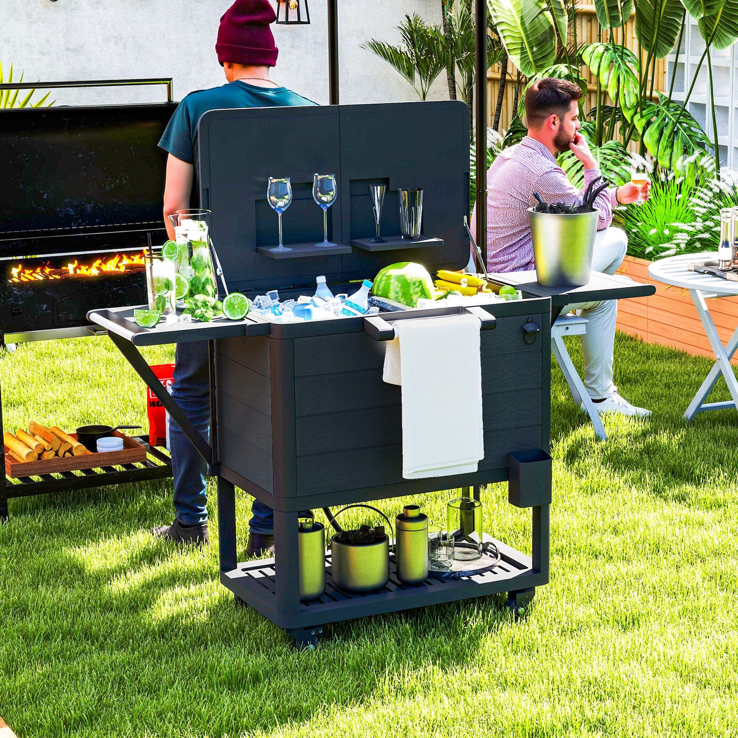 104 Quart Large Capacity Outdoor Cooler Cart, Patio Rolling Ice Chest With Bottle Opener Shelves Wheels, Black