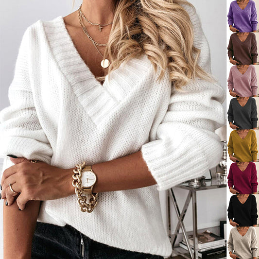 Solid V-neck Sweater Fashion Loose Long-sleeved Knitted Tops Autumn And Winter Women's Clothing