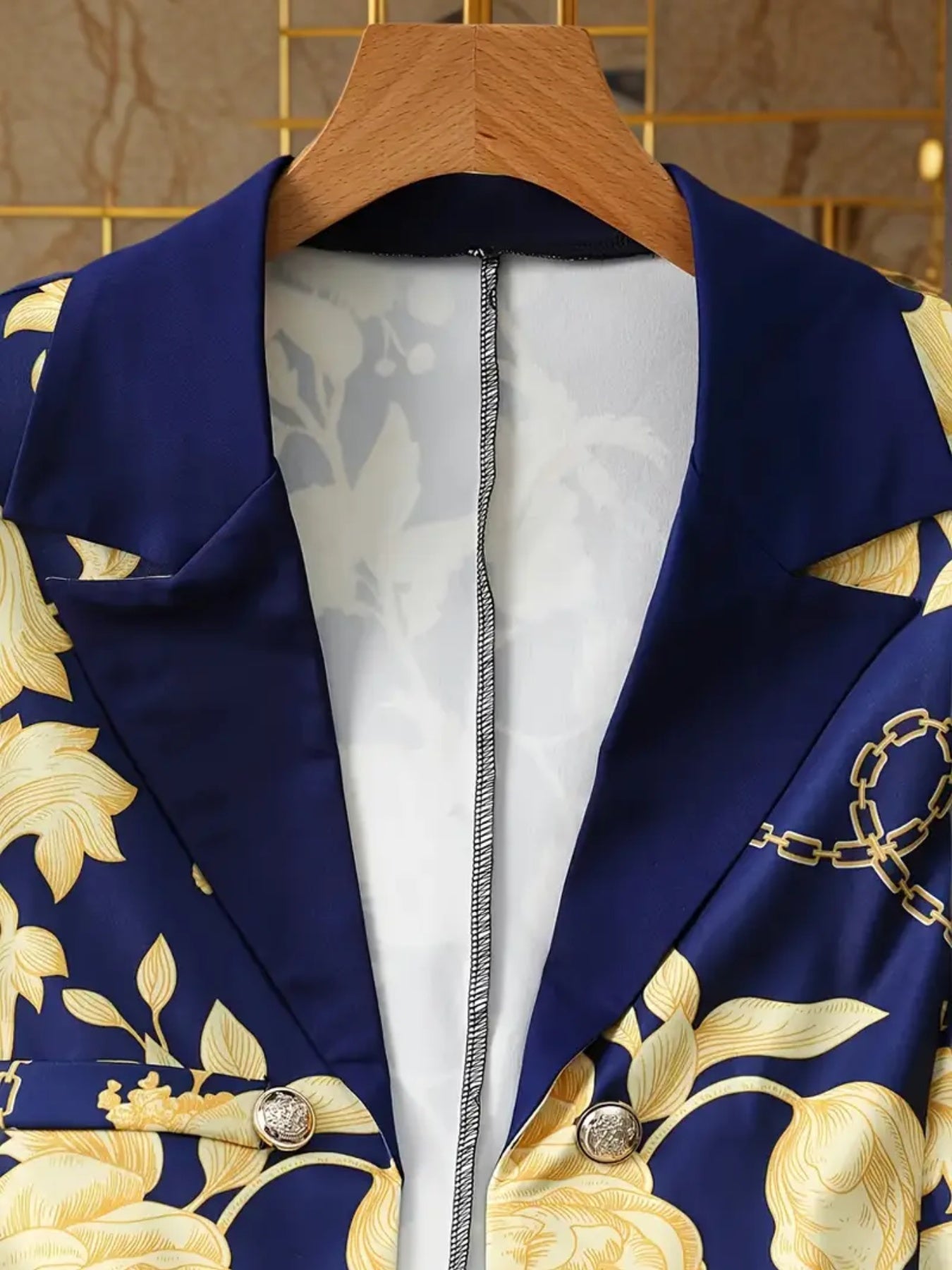 New Women’s Elegant High-end Printed, Chain Printed Slim Fit Suit Jacket And Pure Blue Leggings, Suit Two-piece Set, Machine Washable, All Season Fashionable