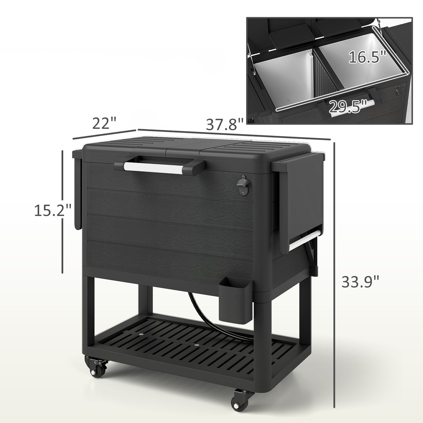 104 Quart Large Capacity Outdoor Cooler Cart, Patio Rolling Ice Chest With Bottle Opener Shelves Wheels, Black