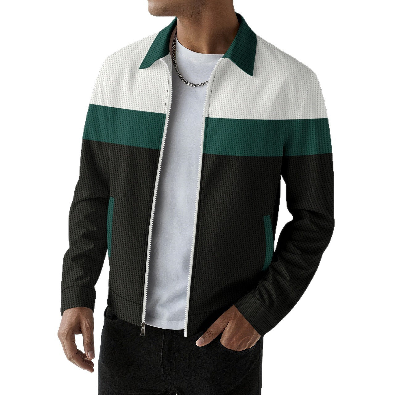 Waffle-knit Colorblock Cardigan With Zippered Pockets And A Notched Collar