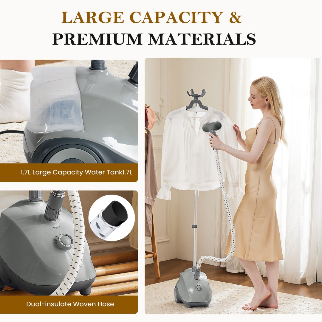 Standing Garment Steamer, 1500W Powerful Steamer For Clothes With Roll Wheels, 1.7L Water Tank For 55 Min Continuous Steaming