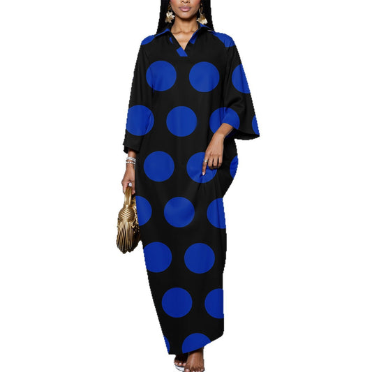Casual, Chic Polka-dot Print Loose-fitting Dress With Batwing Sleeves For Women