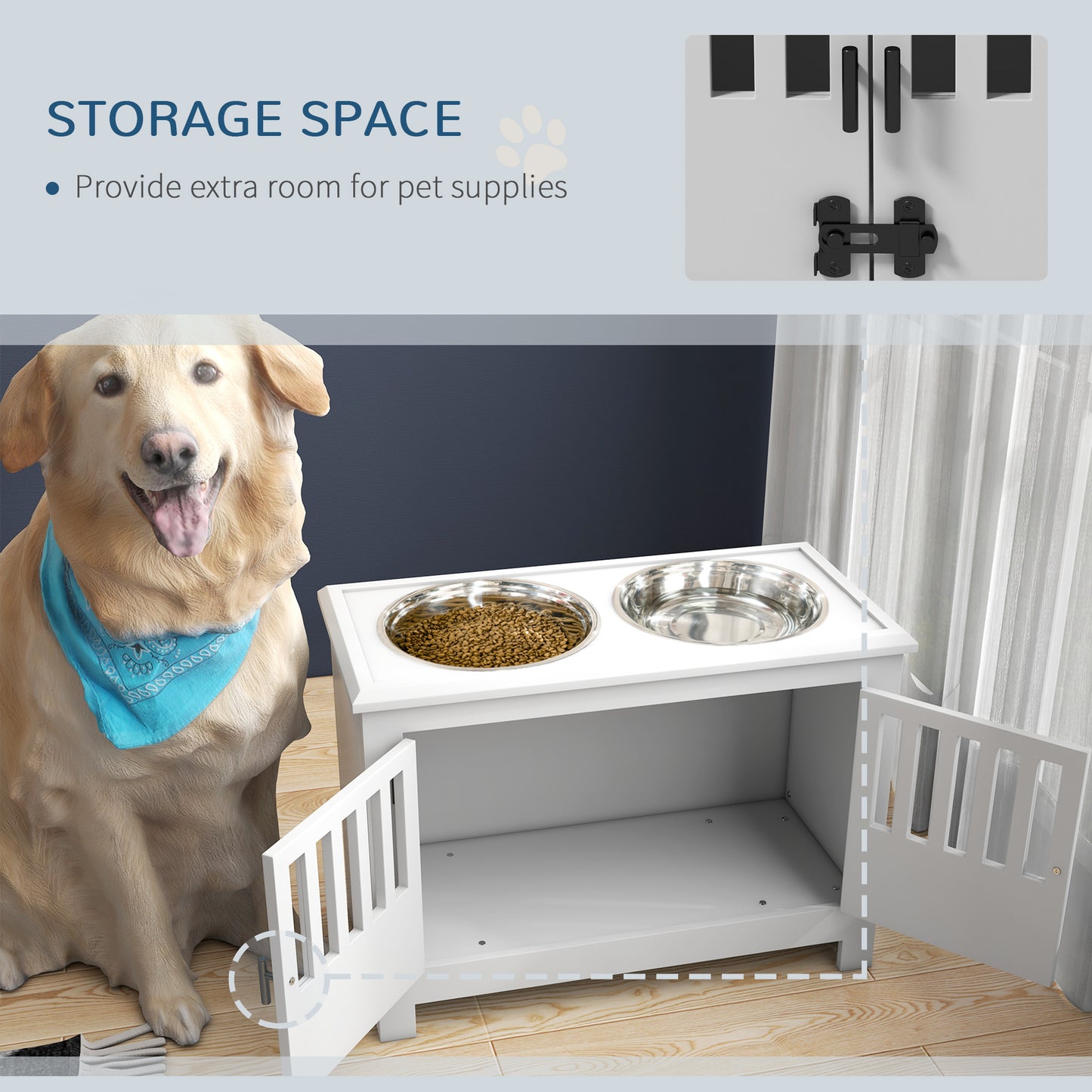 Dog Food Storage Cabinet With Bowls & Dog Feeding Station, White