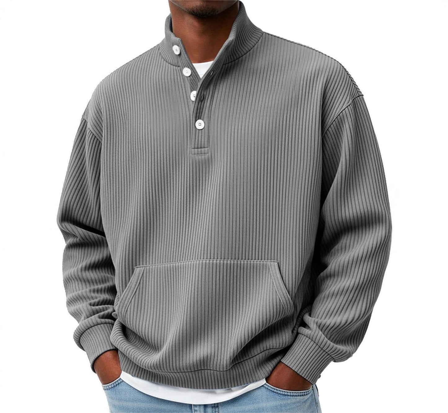 Mens Solid-Color Turtleneck Casual Long-Sleeve Polo Sweatshirt With Pockets For Men Spring Autumn Clothing Loose Button Polo Collar Tees Tops Man Outwear