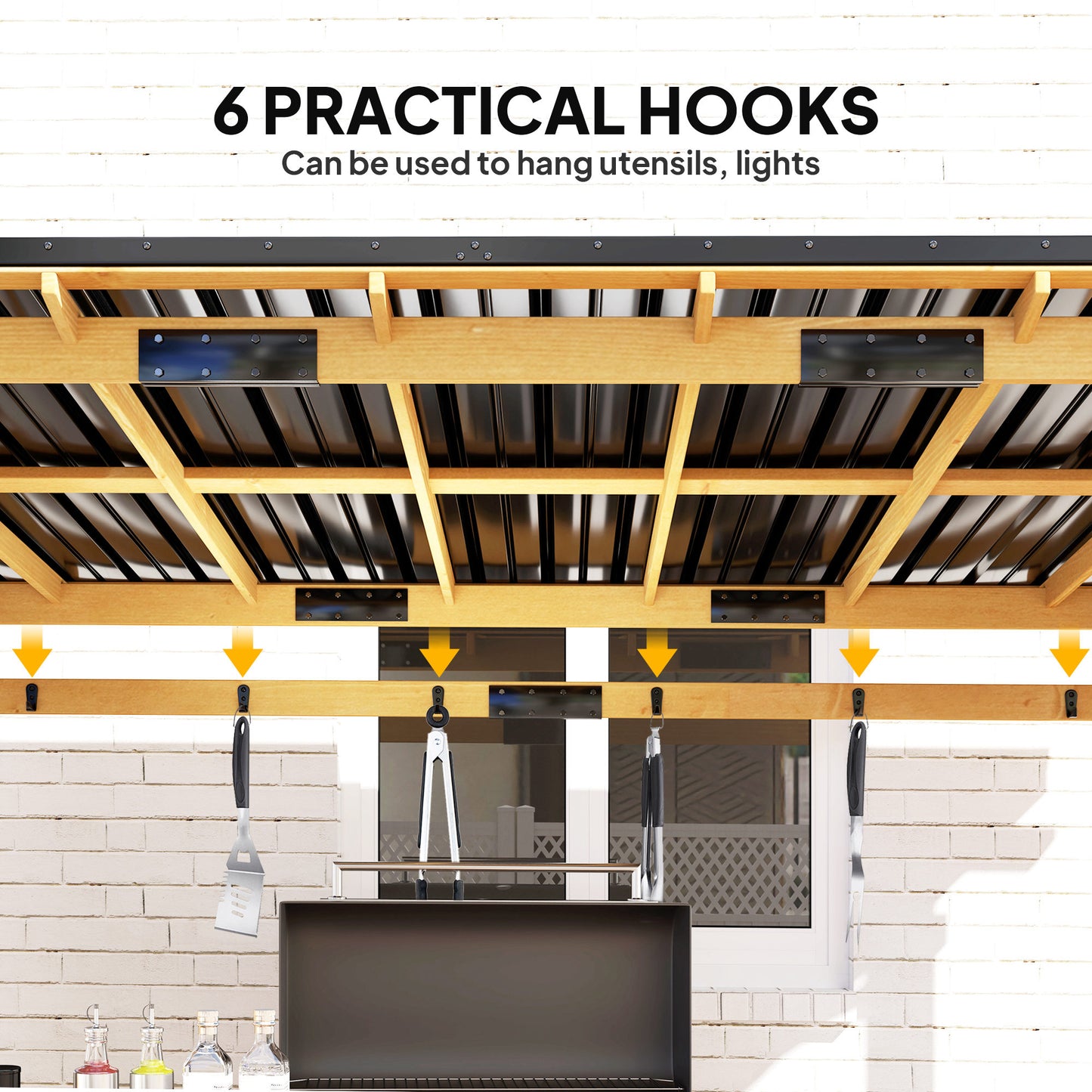 13 X 6 Wooden BBQ Grill Gazebo, Outdoor Hardtop Grill Gazebo With Metal Roof, 2 Bar Shelves And 6 Hooks, Natural