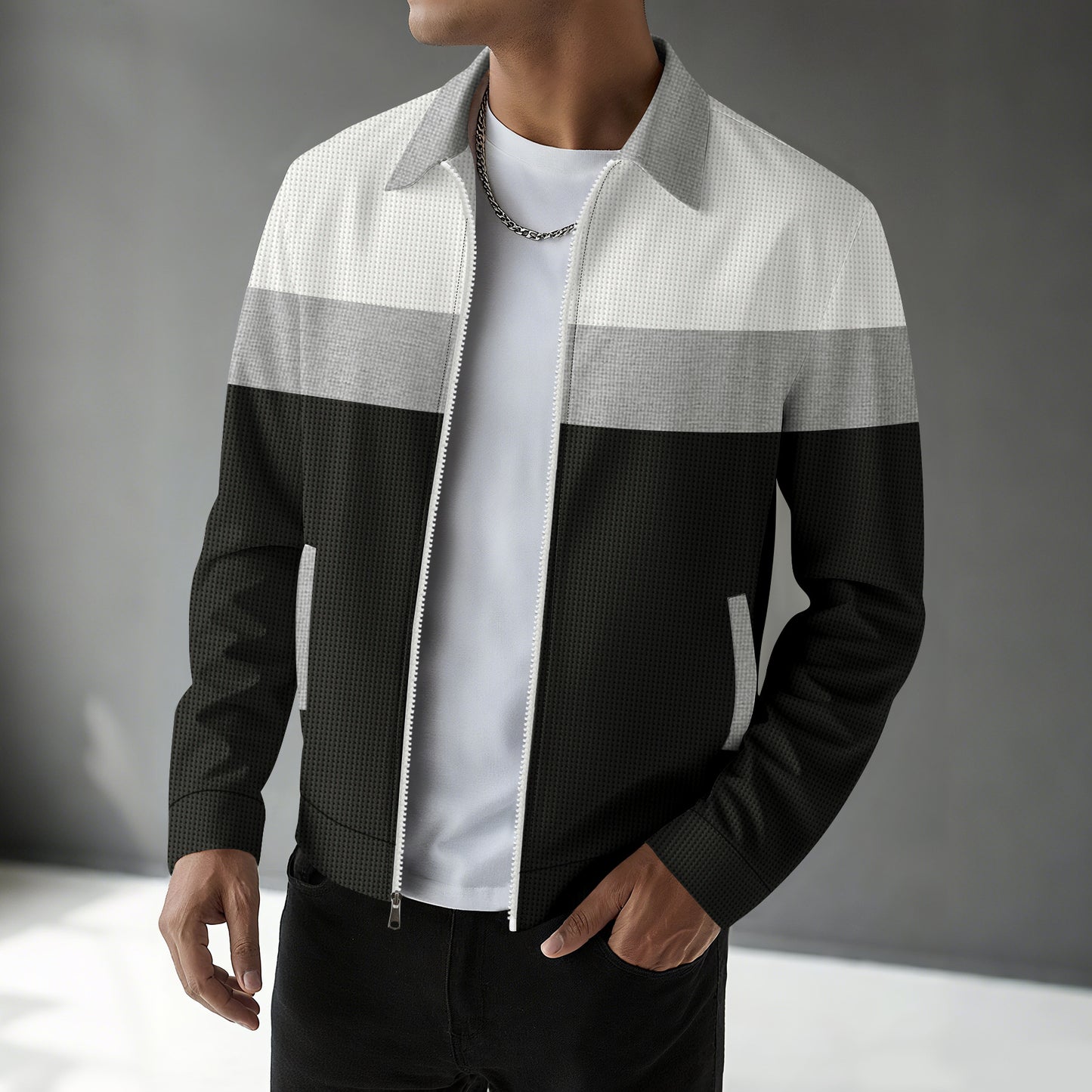 Waffle-knit Colorblock Cardigan With Zippered Pockets And A Notched Collar