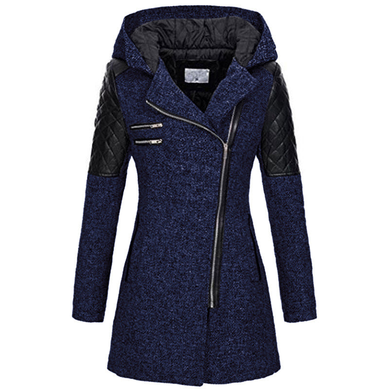 Women Warm Slim Full Zipper Coat Thick Woolen Coat Female Fall Winter Windbreaker Hooded Diagonal Zipper Women's Clothing