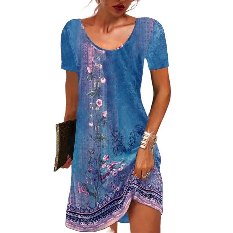 New Summer Floral Print Short-Sleeve Dress For Europe And The US