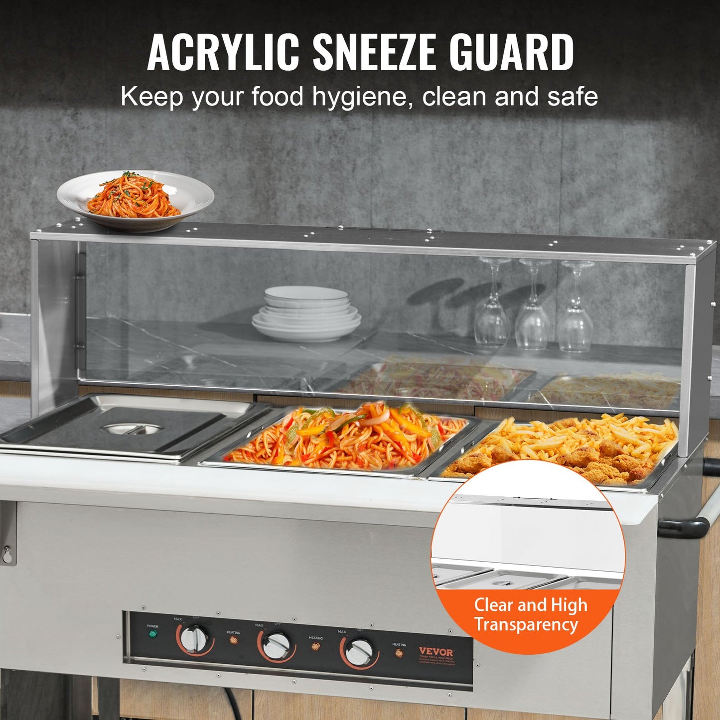 3-Pan Commercial Food Warmer, 3 X 20.6QT Electric Steam Table, 1500W Professional Buffet Catering Food Warmer With Acrylic Sneeze Guard, Food Grade Stainless Steel Server For Party Restaurant