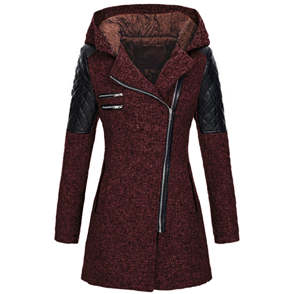 Women Warm Slim Full Zipper Coat Thick Woolen Coat Female Fall Winter Windbreaker Hooded Diagonal Zipper Women's Clothing