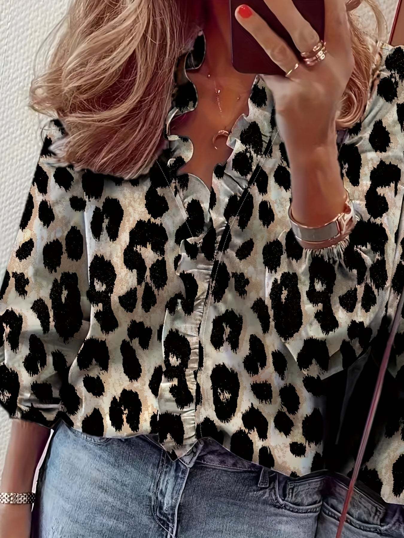 Pure Color Ruffle Hemline Shirt, Casual V-neck Long Sleeve Shirt.