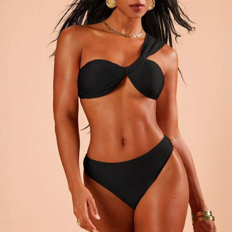 Women's Solid Color One-Shoulder Two-Piece Bikini Swimsuit Set