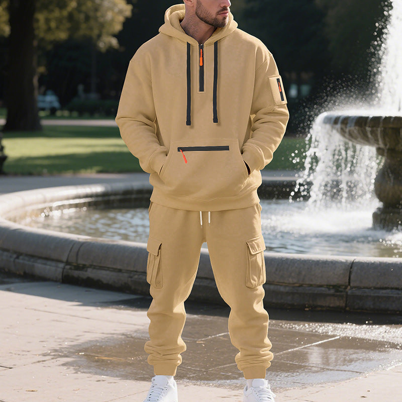 Men's Loose Sports And Leisure Suit Sweater Fleece-lined Hoodie Set Zipper Multi-Pocket Pullover Men's Sports Casual Top Two-piece Set