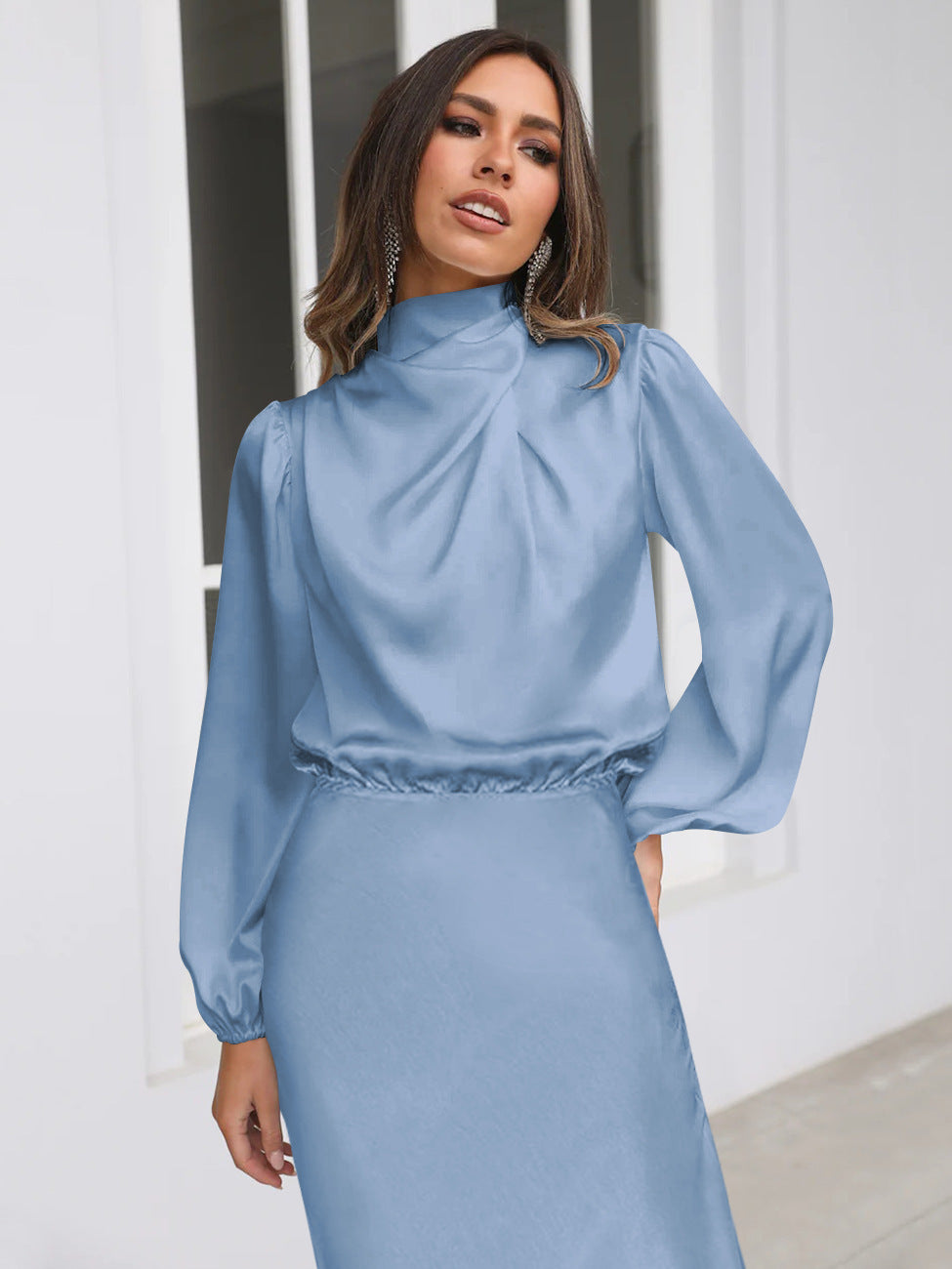 Elegant Temperament Long-sleeved Dress Satin Halterneck Formal Evening Dresses Women Clothing