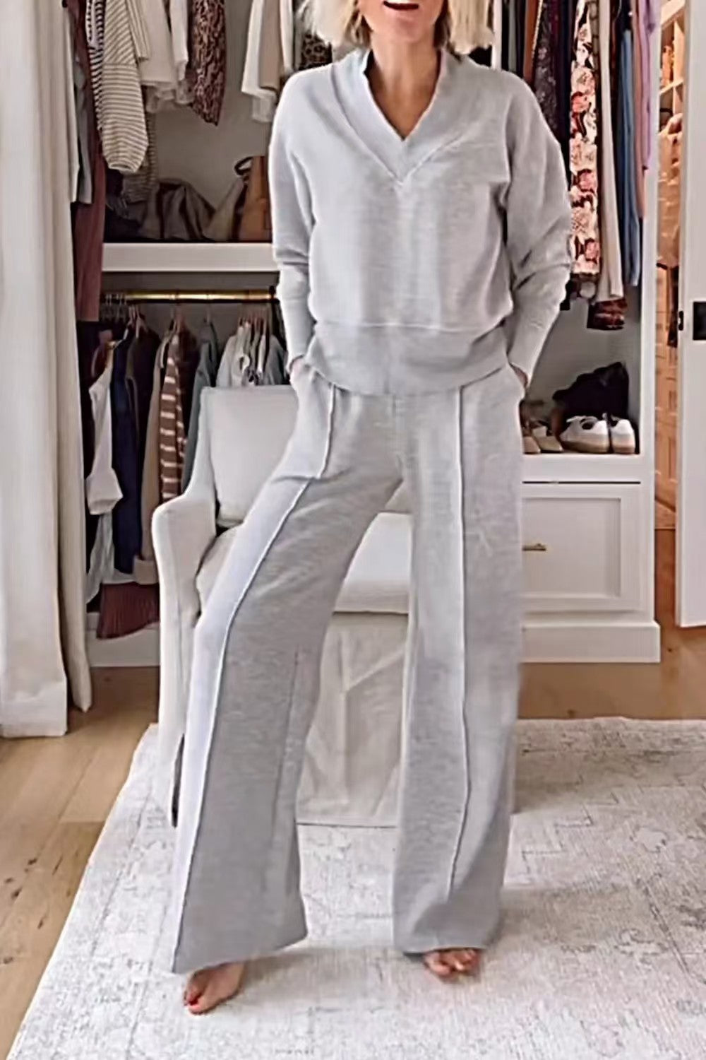 Women's Pullover Suit Casual Collared Long-Sleeved V-neck Top And Loose Straight-Leg Pants Fashion Sweatshirt Sport Trousers Set