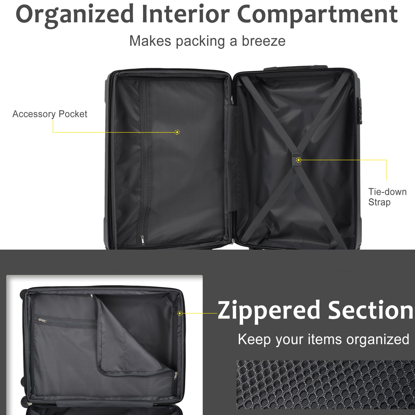 Luggage Sets 3 Piece, Expandable Hard Shell ABS Suitcases With Double Spinner, Travel Luggage Set With TSA Lock 20-24-28inch, Black