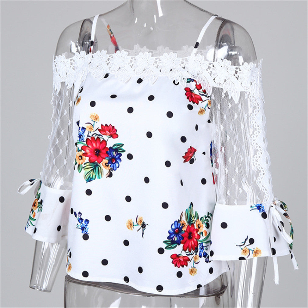 Spotted Printed Gauze Stitching Lace Top