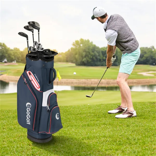 14-Way Golf Cart Bag - 6 Zippered Pockets+Cooler Pocket, Waterproof Zippers, Navy + Red