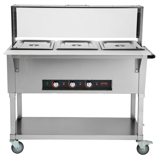 3-Pan Commercial Food Warmer, 3 X 20.6QT Electric Steam Table, 1500W Professional Buffet Catering Food Warmer With Acrylic Sneeze Guard, Food Grade Stainless Steel Server For Party Restaurant