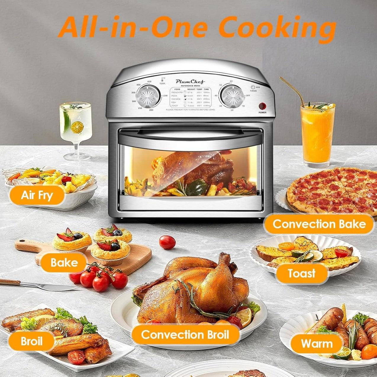 Stainless Steel 12.5 Qt Air Fryer, Dual Knob Control, 60-Min Timer, Presets For French Fries, Pizza, Chicken, Fish, And Toast Sleek Design, Healthy Cookie, Amazon Resale Prohibited