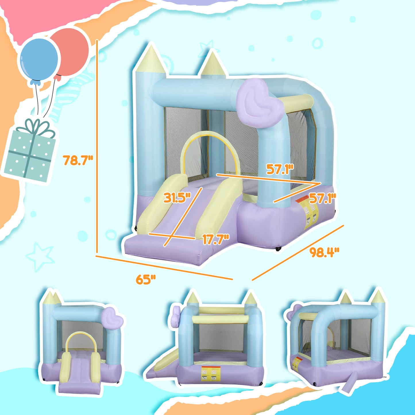 Inflatable Bounce House With Air Blower, Slide, Stakes, Repair Patches, Storage Bag, For Kids Ages 3-8, 98" X 65" X 79"