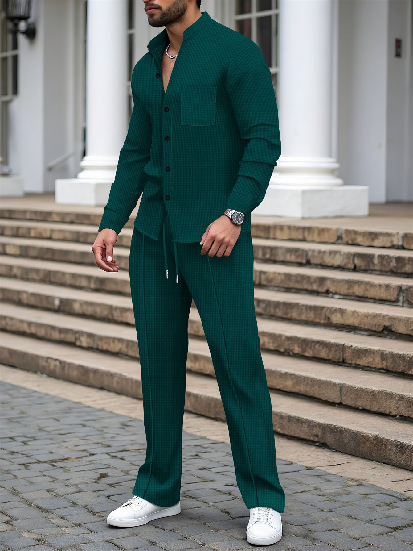 Waffle-textured Solid-color Stand-collar Shirt And Long-sleeve Pants Casual Set