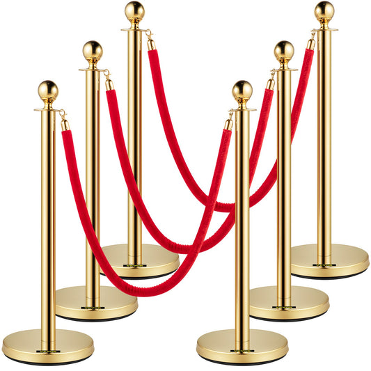 Velvet Ropes And Posts, 5 Ft/1.5 M Red Rope, Stainless Steel Gold Stanchion With Ball Top, Red Crowd Control Barrier Used For Theaters, Party, Wedding, Exhibition, Ticket Offices Pack Sets (6)