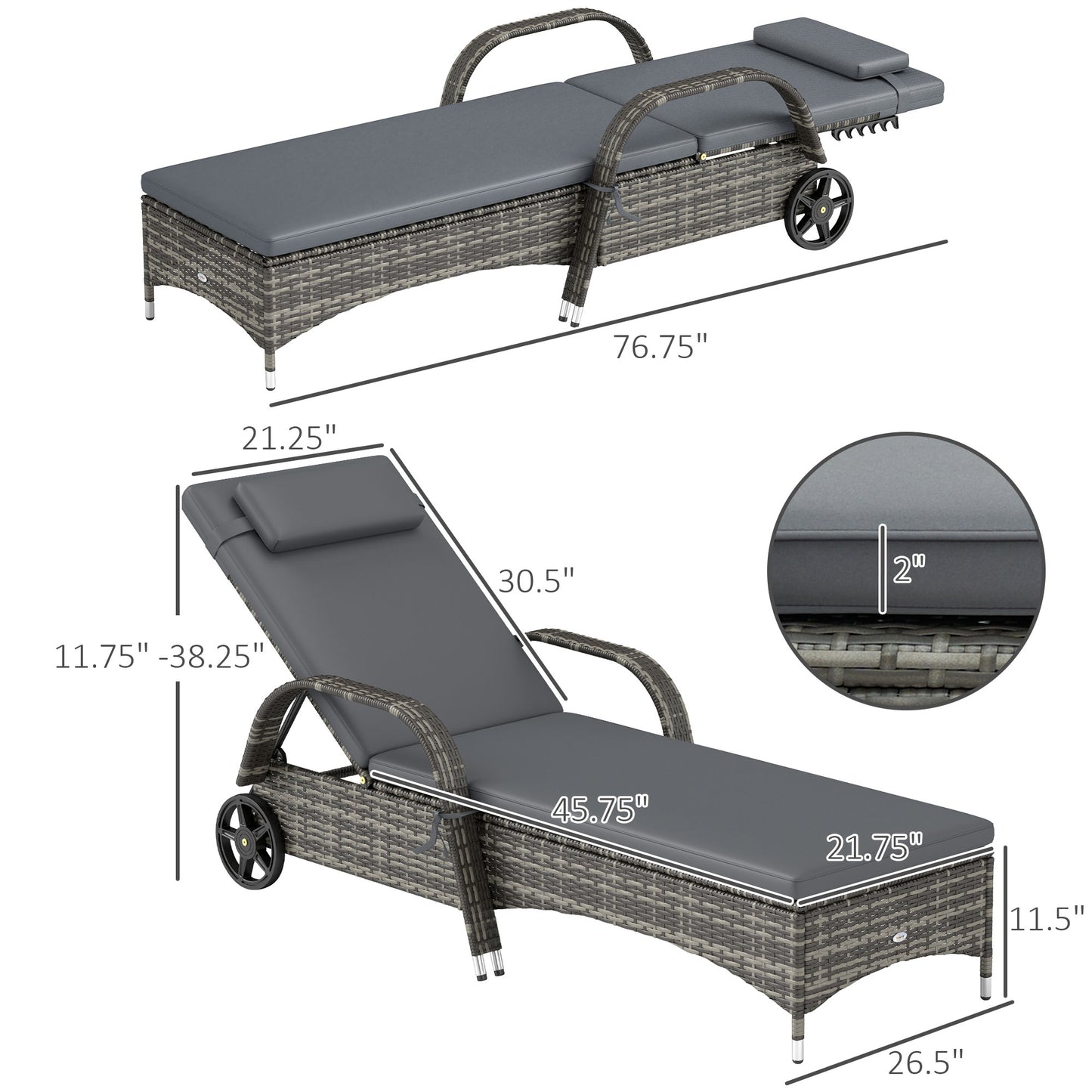 2 Reclining Chaise Lounge Chairs, Rolling Outdoor Chairs With Cushion, Pillow, Headrest, Armrests, And Wheels, Gray