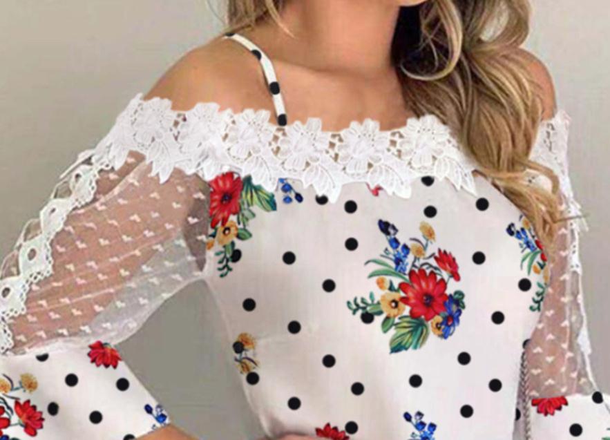 Spotted Printed Gauze Stitching Lace Top